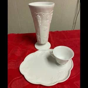 Vintage White Milk Glass Lunch Plates, Cups & Vase